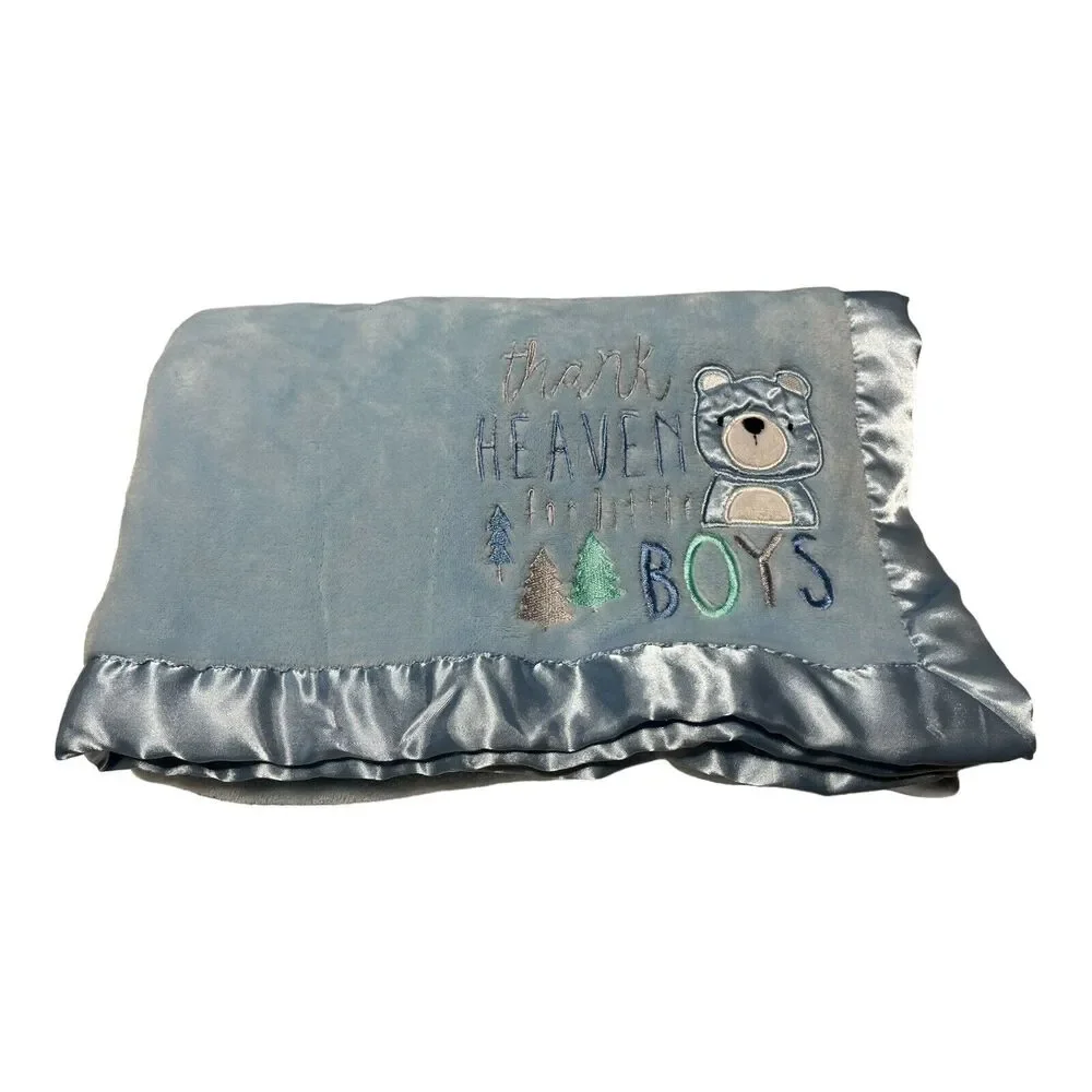 Baby Essentials Blue Baby Blanket Thank Heaven For Little Boys Satin Trim Bear